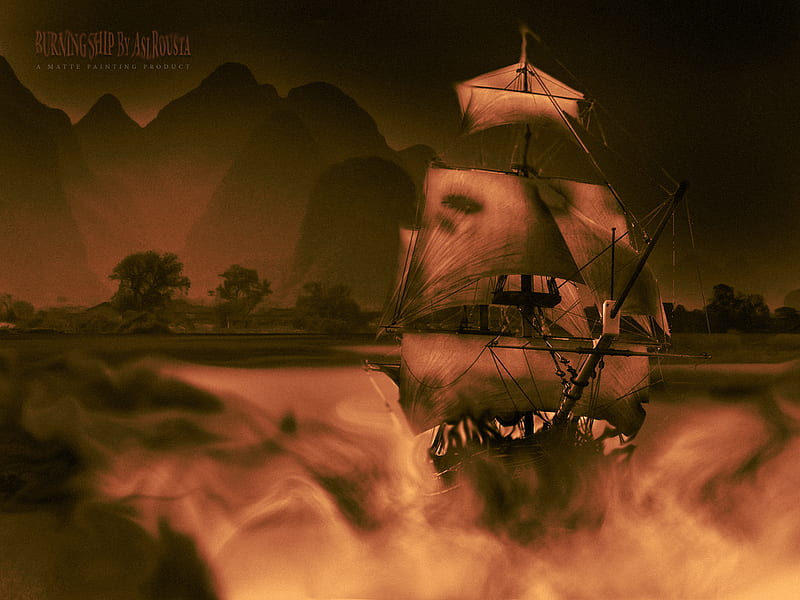 Burning ship, fire, fantasy, boat, ghost, ghost ship, ship, schooner, HD wallpaper