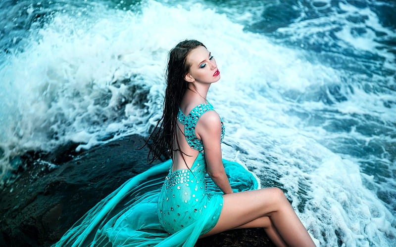 Beauty, dress, girl, model, summer, white, woman, sea, blue, HD wallpaper