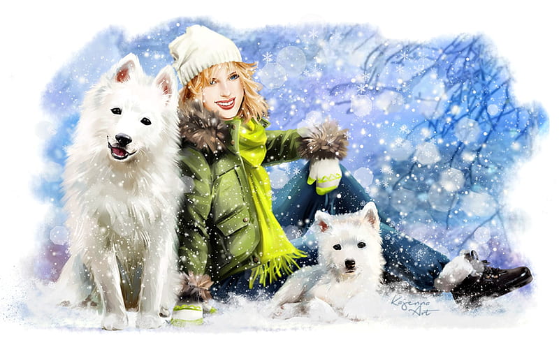 Huskies, art, lorri kajenna, caine, woman, animal, winter, hat, girl, green, snow, scarf, white, husky, dog, blue, HD wallpaper