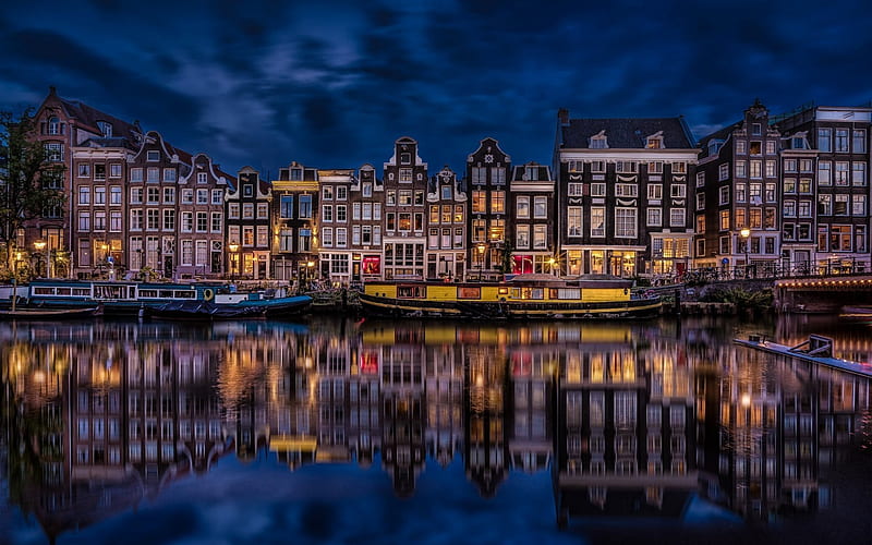 Amsterdam, Singel Canal, Netherlands, evening, pleasure boats, canal, night, HD wallpaper