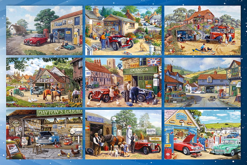 The Village Garage, carros, fuel pump, paintings, garage, village, petrol, bus, HD wallpaper