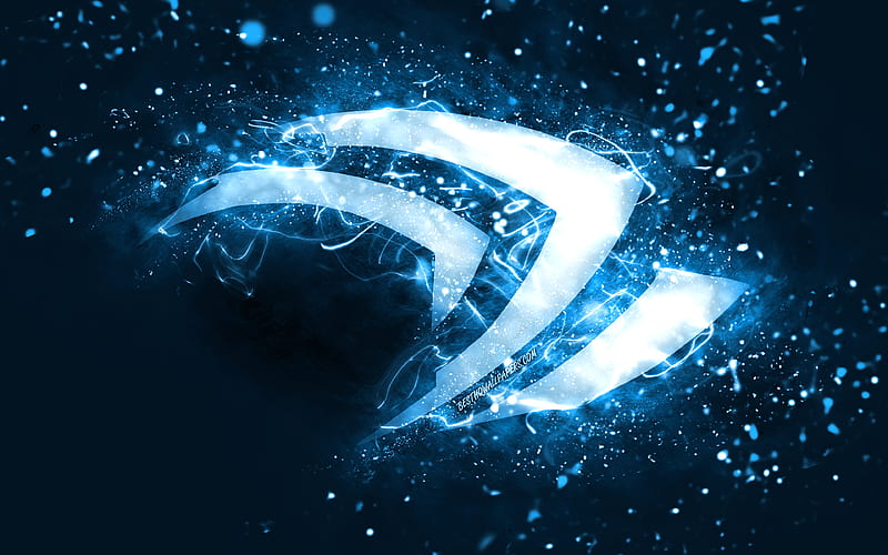 Nvidia blue logo blue neon lights, creative, blue abstract background, Nvidia logo, brands, Nvidia, HD wallpaper