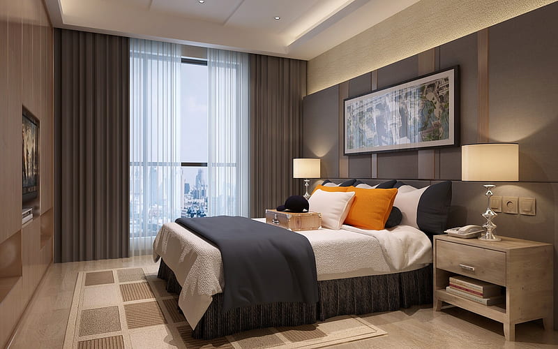 modern bedroom design, stylish interior, gray bedroom, large bed, gray stylish curtains, modern interiors, HD wallpaper