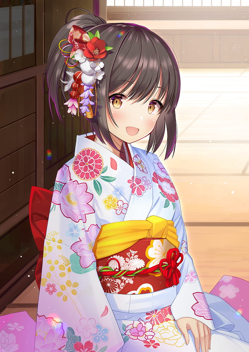 anime girl, kimono, brown hair, smiling, flowers, Anime, HD phone wallpaper