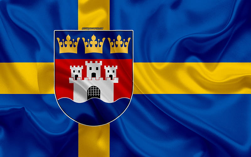 Coat of arms of Jonkoping lan silk flag, Swedish flag, Jonkoping County, Sweden, flags of the Swedish lan, silk texture, Jonkoping lan, coat of arms, HD wallpaper