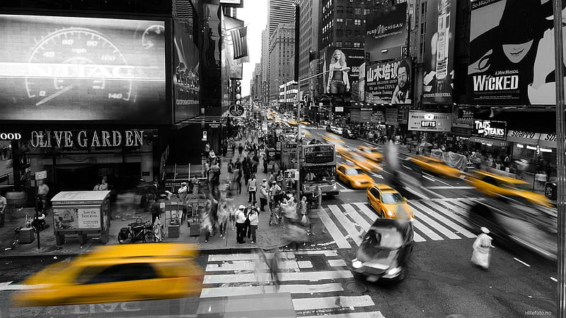 Rush hour, black white, yellow, cabs, abstract, corner, graphy, city, New York, crossing, urban, taxi, pedestrians, intersection, street, HD wallpaper