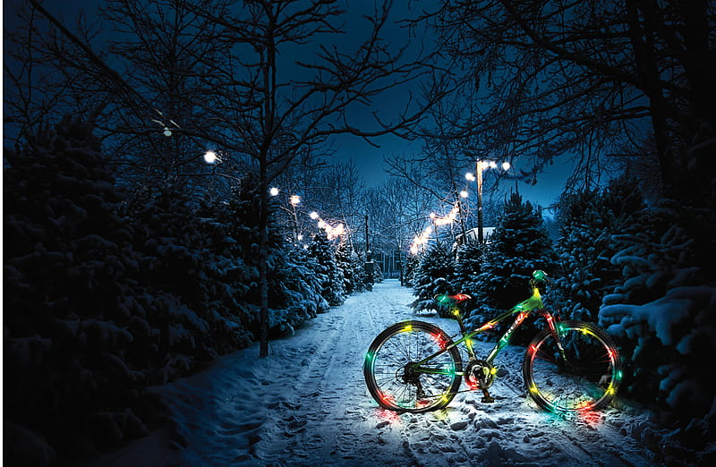 ๑๑ Night before Christmas ๑๑, red, colorful, christmas, before, yellow, winter, green, snow, magical, nature, bike, light, blue, night, HD wallpaper