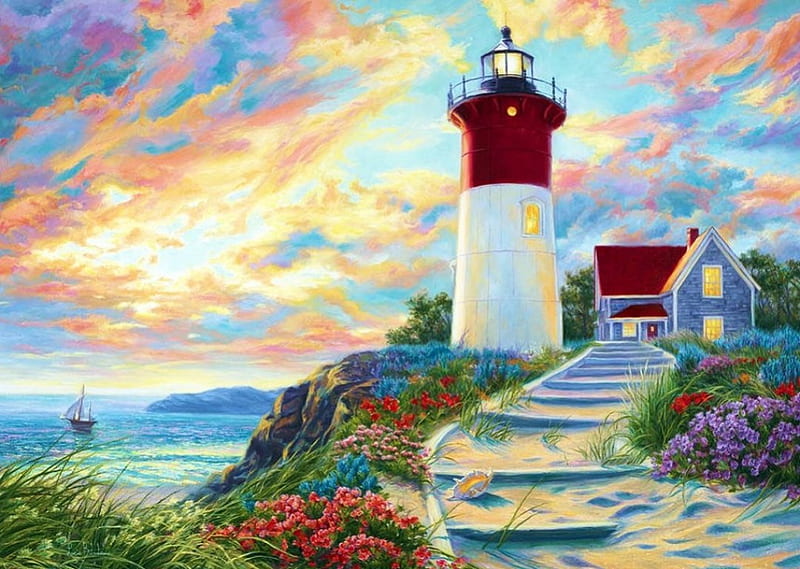 Lighthouse at Sunset, cottage, painting, flowers, stairs, artwork, coast, HD wallpaper