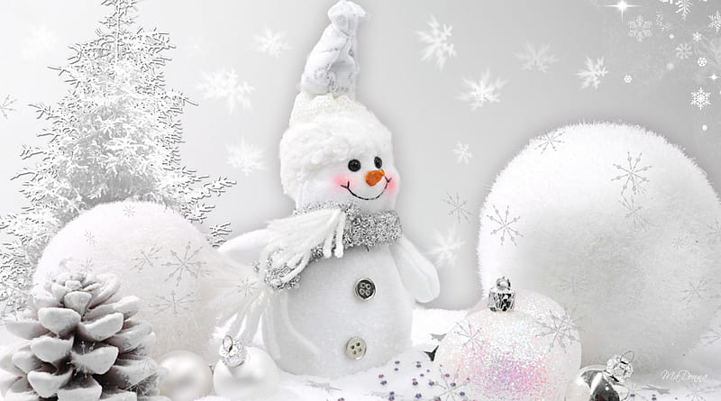 So Sweet Snowman, christmas, holiday, snowballs, snowman, winter, cold, pine cones, sparkle, snowing, snowflakes, decorations, white, HD wallpaper