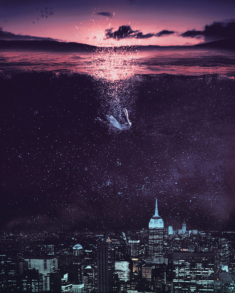 drowning in the city, alone, desenho, lonely, new york, night, positive, sea, sky, star, stars, HD phone wallpaper