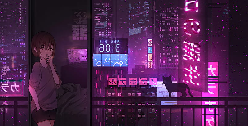 Anime Girl City Night Neon Cyberpunk , cyberpunk, neon, anime-girl, anime, artist, artwork, digital-art, pink, HD wallpaper