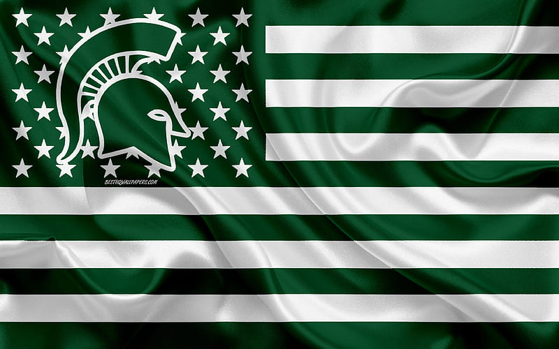 Michigan State Spartans, American football team, creative American flag, green and white flag, NCAA, East Lansing, Michigan, USA, Michigan State Spartans logo, emblem, silk flag, American football, HD wallpaper