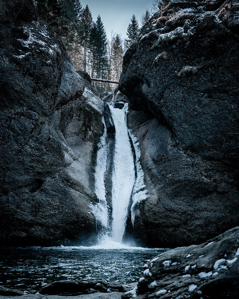 waterfall, rock, water, ice, snow, HD phone wallpaper
