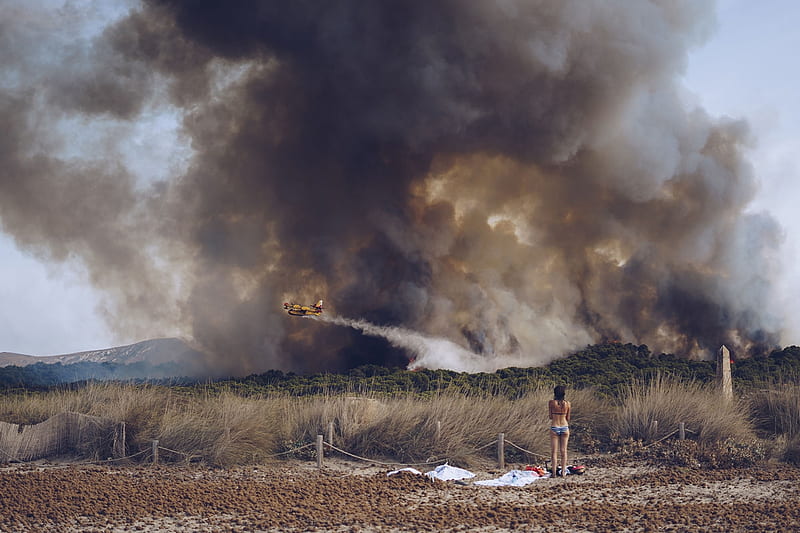 Wildfire at the beach, Bikini clad tourist, beach, Firefighting aircraft, Forest fire, Fire, HD wallpaper
