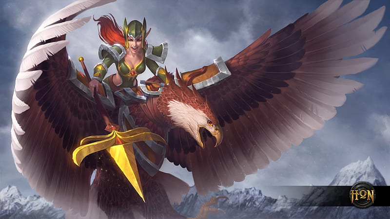 Eagle rider, fantasy, wings, rider, girl, eagle, game, heroes of newerth, HD wallpaper