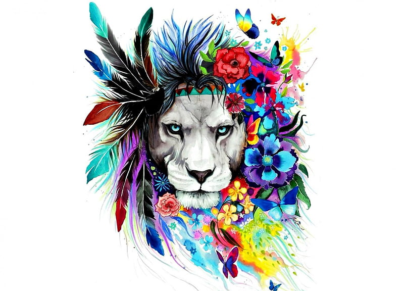 King of the lions, red, art, yellow, lion, animal, fantasy, green, flower,  white, HD wallpaper | Peakpx