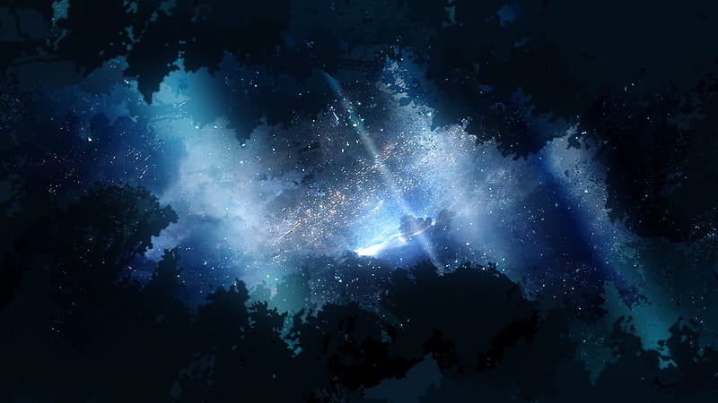 anime sky, starry sky, night, falling stars, trees, Anime, HD wallpaper