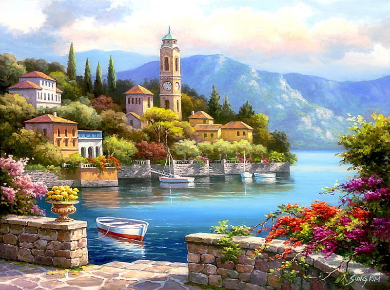 Village Clock Tower, architecture, villages, love four seasons, bonito, attractions in dreams, clock tower, boats, paintings, landscapes, flowers, seaside, nature, coastal, HD wallpaper