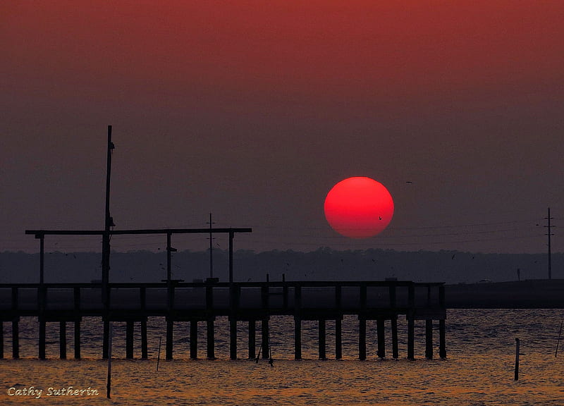 Red Hot Sunset Off The Pier, sun, dock, pier, Virginia, nature, sunset, sky, HD wallpaper