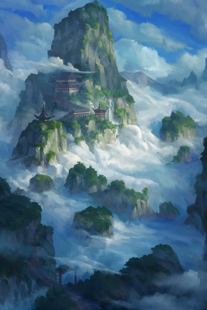 pagoda, temple, rocks, fog, art, HD phone wallpaper