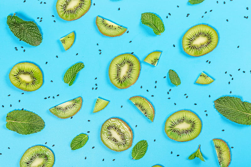 kiwi, slices, mint, leaves, grains, HD wallpaper