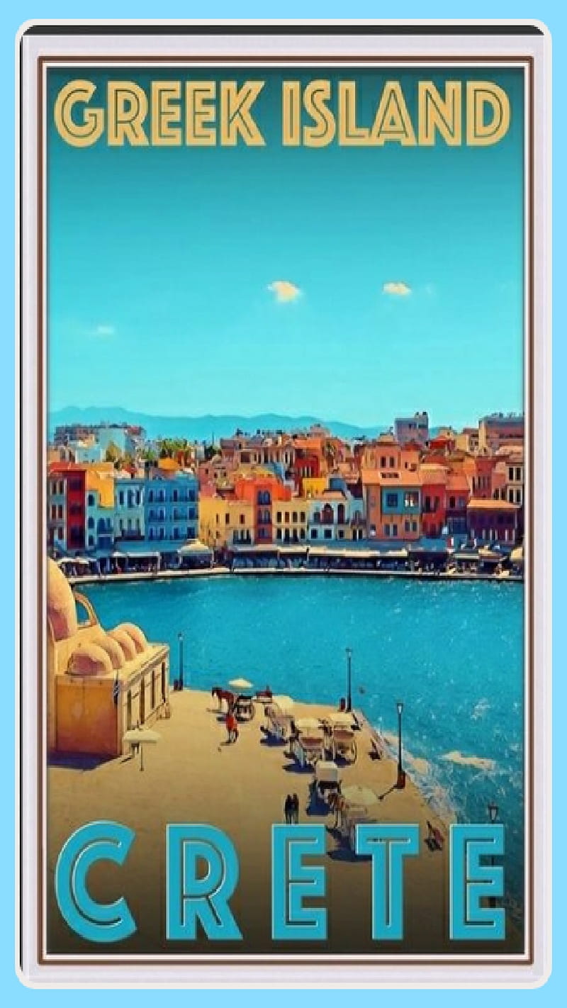 Crete, view, greece, ocean, vintage, advertisement, visitor, poster, getaway, HD phone wallpaper