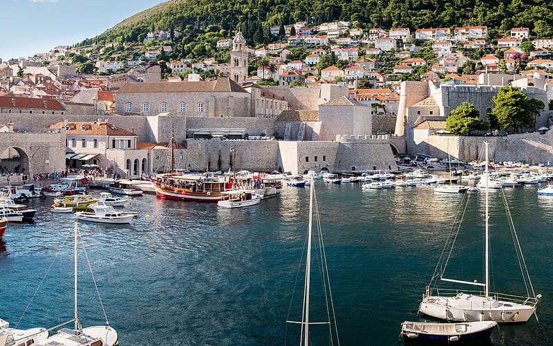 Dubrovnik, Yachts, Croatia, bay, summer, rest, HD wallpaper