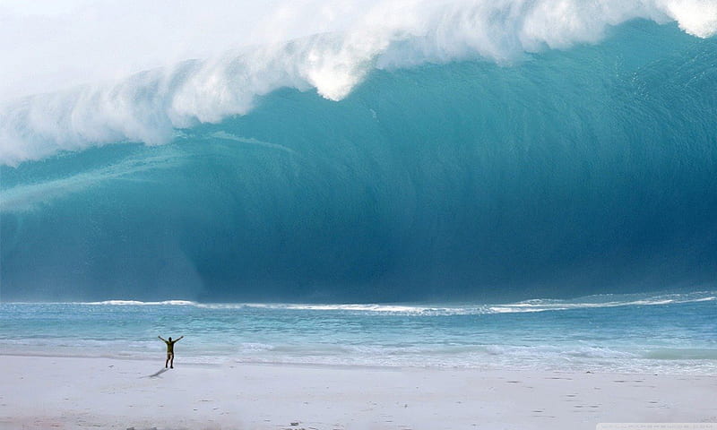 man_vs_tsunami, nature, waves, beaches, tsunami, HD wallpaper