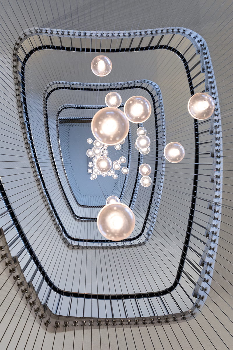 stairs, spiral, chandelier, light bulbs, lighting, HD phone wallpaper