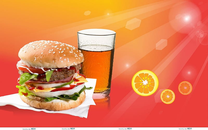 hamburger with iced tea, iced, hamburger, tea, lemon, HD wallpaper