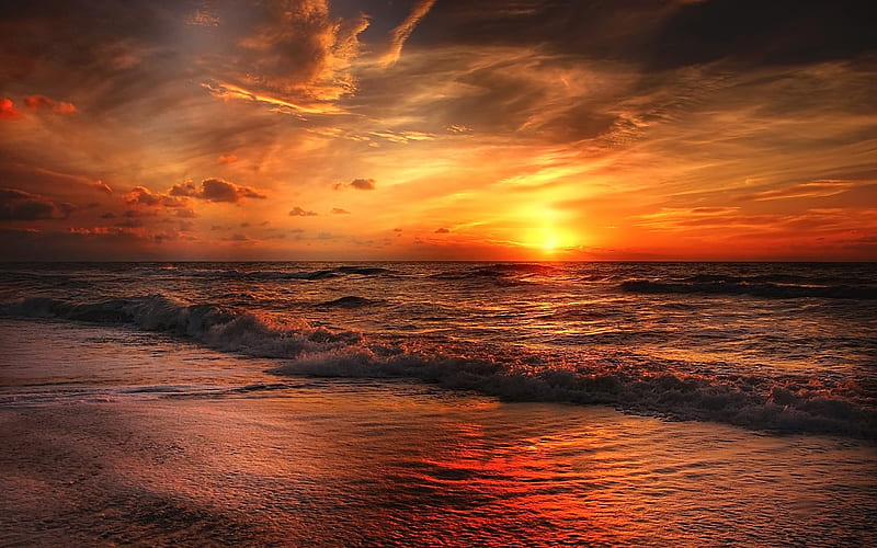 North Sea, coast, sunset, Atlantic Ocean, waves, Europe, HD wallpaper