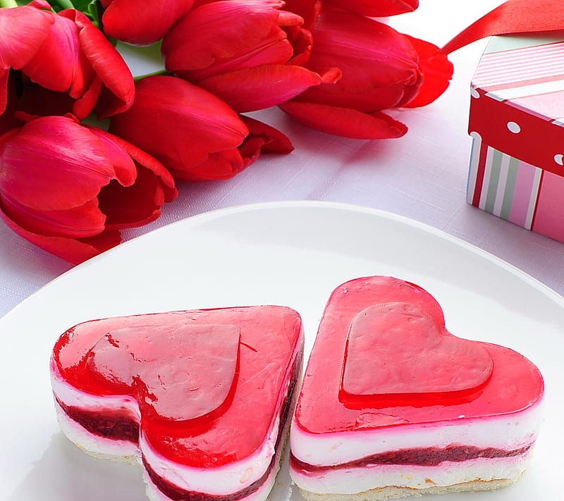 Sweet Hearts, cakes, corazones, love, tulips, valentine, HD wallpaper