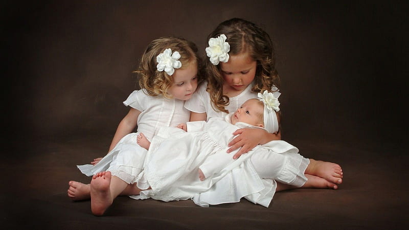 Les soeurs, bebe, fille, flower, blanc, HD wallpaper
