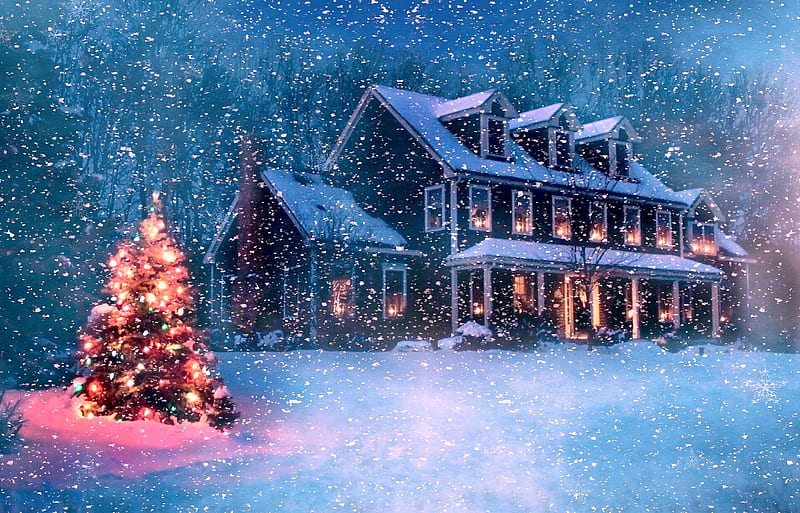 Christmas Snow, tree, house, snowfall, painting, lights, winter, HD wallpaper