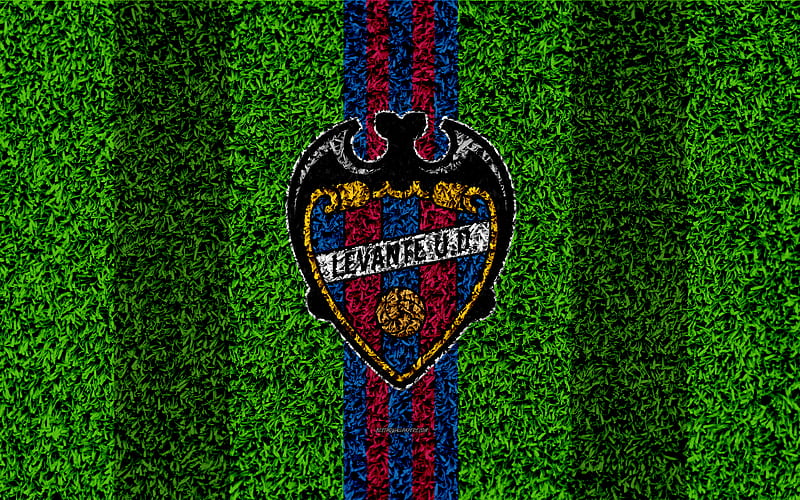 Levante UD logo, football lawn, Spanish football club, blue violet lines, grass texture, emblem, La Liga, Valencia, Spain, football, Levante FC, HD wallpaper