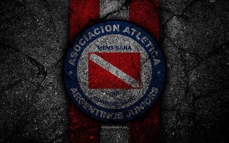 Argentinos Juniors FC, logo, Superliga, AAAJ, black stone, Argentina, soccer, Argentinos Juniors, football club, asphalt texture, FC Argentinos Juniors, HD wallpaper