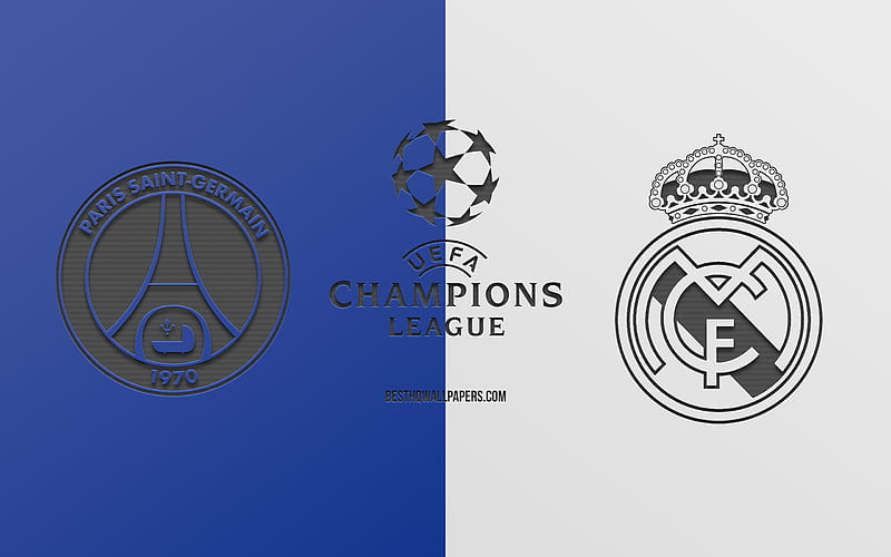 PSG vs Real Madrid, football match, 2019 Champions League, promo, blue white background, creative art, UEFA Champions League, football, Paris Saint-Germain, HD wallpaper