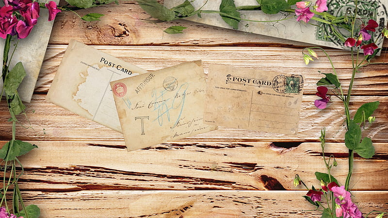 Postales y flores sobre madera, rústico, antiguo, flores, primavera,  antiguo, Fondo de pantalla HD | Peakpx