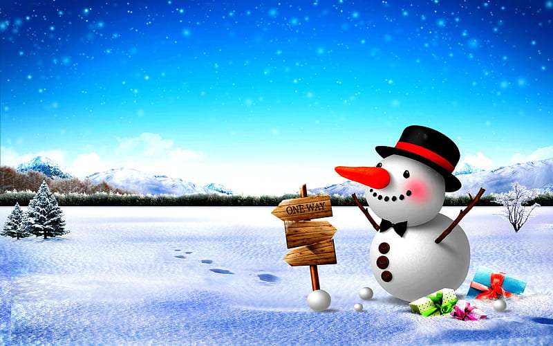 ONE WAY to WINTER WONDER LAND, snow, presents, snowman, sign board, oneway, winter, HD wallpaper