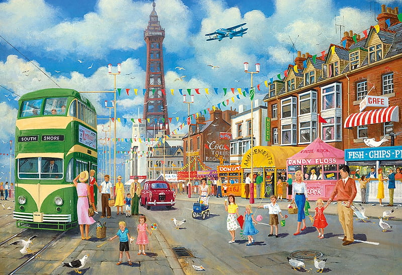 Blackpool Promenade, amusements, tower, blackpool, fish and chips, vintage, candy floss, bus, HD wallpaper