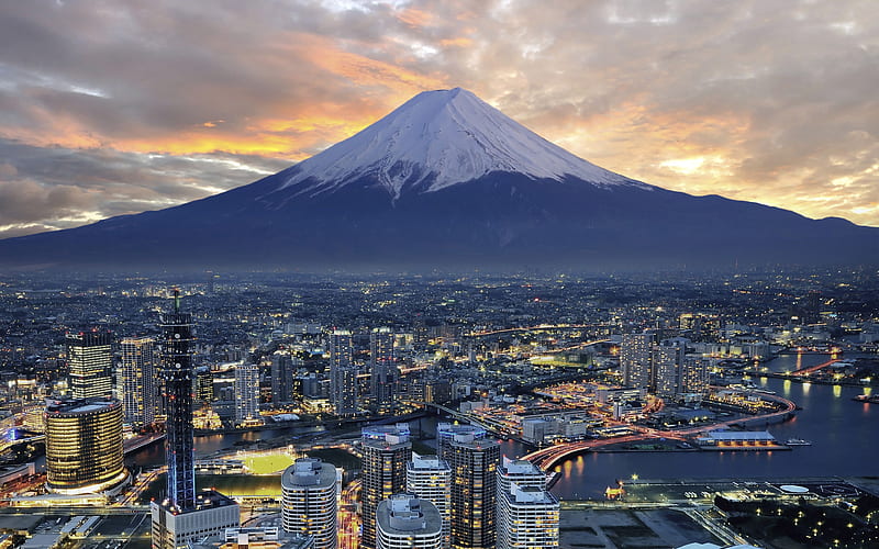 Fuji mountain, Yokohama, japan, evening, sunset, 4к, metropolis, city landscape, HD wallpaper