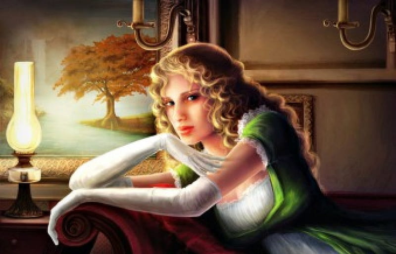 Beauty, art, sonia verdu, woman, fantasy, gloves, girl, green, white, HD wallpaper