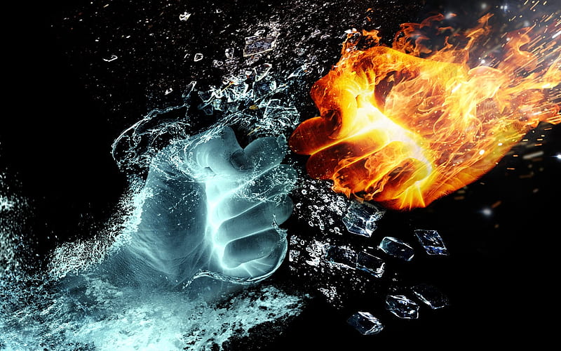 Water vs Fire, hands, heat, ice, creative, art, HD wallpaper
