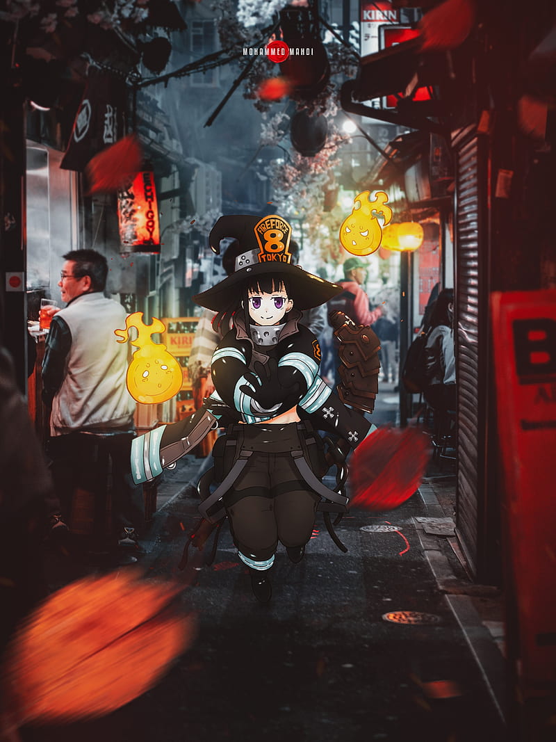 Maki Oze, anime, fire force, fireballs, japan, manga, night, tokyo, HD  phone wallpaper