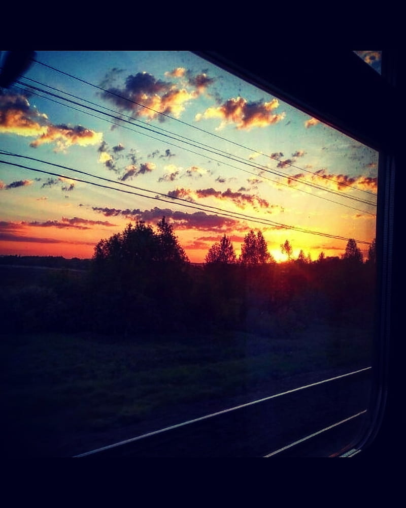 Heaven Tracks, nature, night, road, sunset, train, trees, window, HD phone wallpaper
