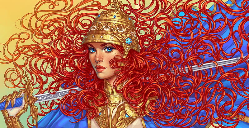 Lady knight, red, frumusete, dinary, luminos, redhead, yellow, fantasy, helmet, sword, blue, HD wallpaper