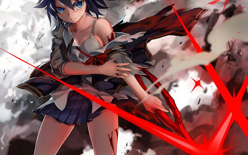 Matoi Ryuuko, red, blush, kill la kill, magic, chest, anime, anime girl, weapon, smoke, blue eyes, sword, light, black hair, school uniform, skirt, anger, sexy, blood, short hair, cool, dark, fight, wounds, confusion, HD wallpaper