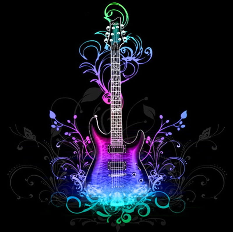 Music Lives, guitar, green, music, pink, blue, HD wallpaper