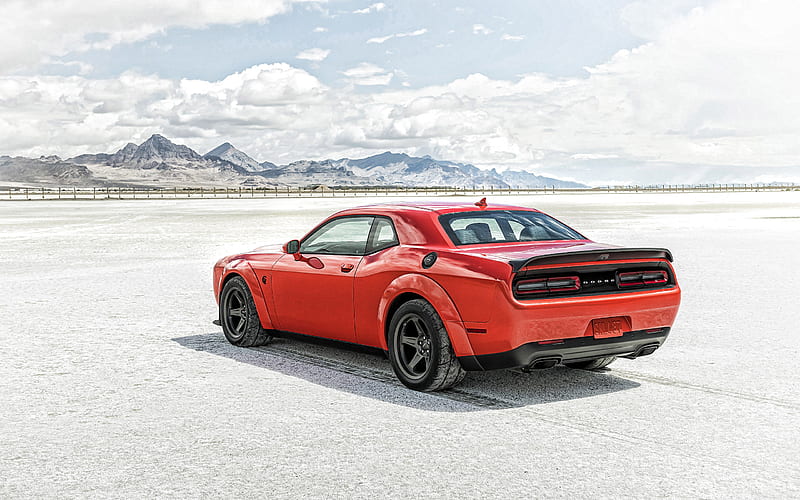 2020, Dodge Challenger SRT Super Stock, rear view, exterior, red sports coupe, tuning Dodge Challenger, new red Challenger SRT, american sports cars, Dodge, HD wallpaper
