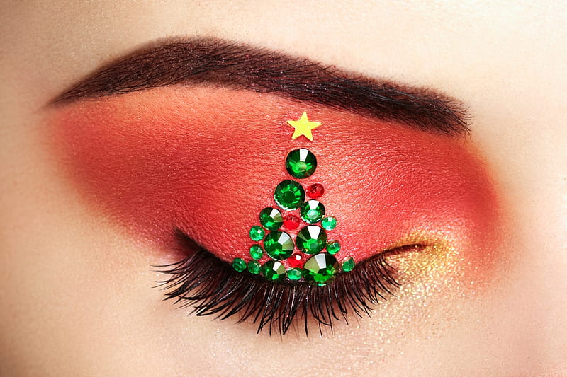  Navidad, rojo, craciun, ojo, árbol, piedras, verde, maquillaje, joya, Fondo de pantalla HD